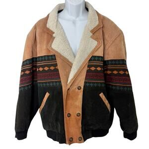 Vintage 90s Tan Black Leather Southwest Sherpa Lined Trucker Jacket size XXL